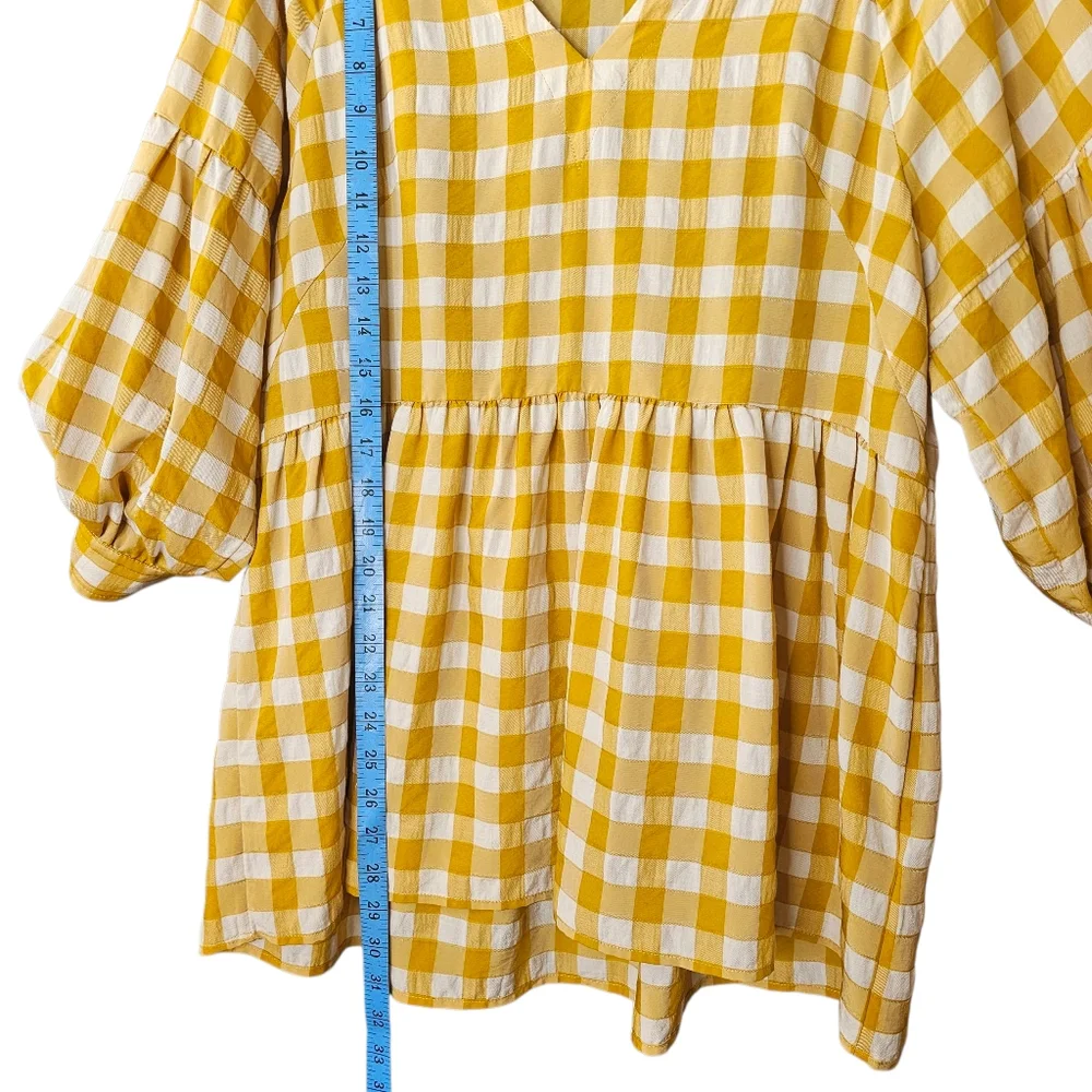 Maeve April Babydoll Gingham Blouse Gold White Button Puff Sleeve V-Neck M